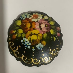 Black Laquer Russian Floral signed Brooch